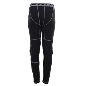 Black AFNDN compression leggings with grey contrast stitching and branded waistband