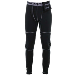 Black Afnon compression leggings with grey contrast stitching and an attached waist pocket