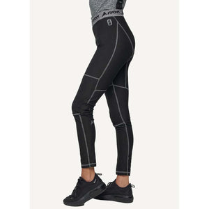 Side view of FNDN black athletic leggings with grey contrast stitching and branded waistband