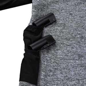 FNDN grey heather fabric with two black battery packs stored in a side pocket