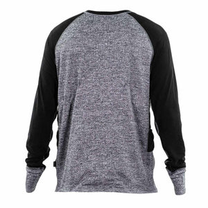FNDN grey heather long sleeve shirt with black raglan sleeves and thumb holes