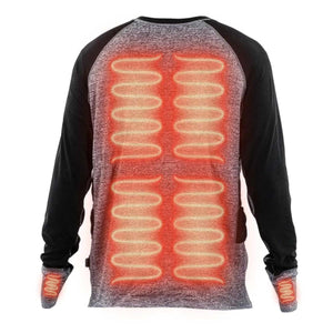 Back view of a grey and black long sleeve shirt with glowing red heating elements on the back and cuffs