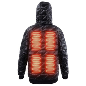 Back view of black hooded puffer jacket with glowing red heating elements on the back