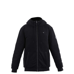 Black zip up hooded jacket with ribbed cuffs and hem