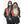 Man and woman wearing black hooded jackets with orange grid patterns and patterned face masks