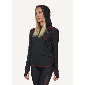 FNDN black long sleeve hooded shirt with red stitching and thumb holes