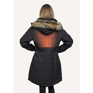 FNDN black parka with fur hood showing back heating element grid