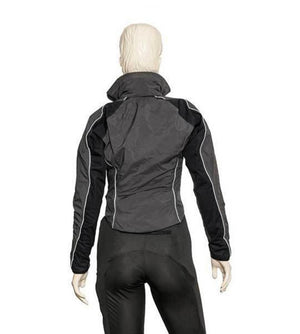 Back view of a grey and black cycling jacket with white reflective piping on a mannequin