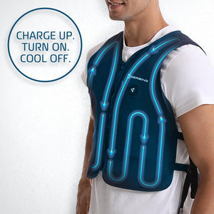 Man wearing a Gerbing cooling vest with graphic arrows showing airflow circulation