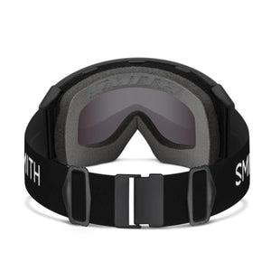 Smith Optics black ski goggles showing the interior foam and adjustable strap buckle