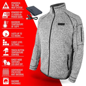 ActionHeat grey knit heated jacket with power bank and feature list icons