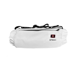 White G-Tech heated hand warmer muff with black adjustable strap