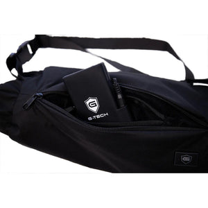 G-Tech power bank inside a black zippered bag pocket