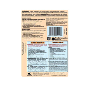 Grabber hand warmer packaging back label with instructions and safety warnings