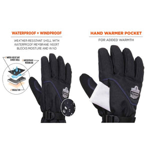 Ergodyne waterproof windproof gloves with hand warmer pocket and layered insulation diagram