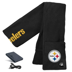 Black Pittsburgh Steelers heated scarf with ActionHeat power bank and charging cable
