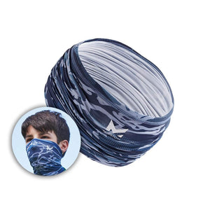 Mission blue camouflage neck gaiter with inset showing person wearing it