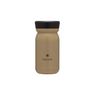Tan Snow Peak insulated bottle with a black screw cap