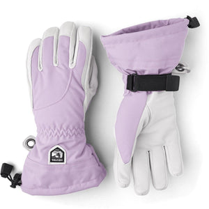 Hestra lavender and grey leather ski gloves with adjustable wrist straps