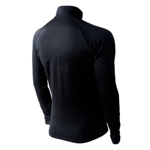 Back view of a black long sleeve mock neck athletic shirt