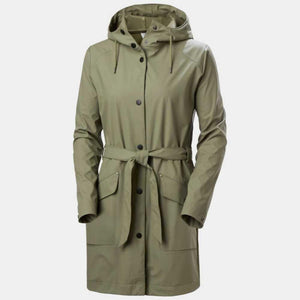 Helly Hansen olive green hooded raincoat with a waist tie belt and front snap buttons