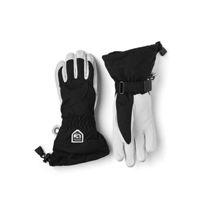 Hestra black and white leather ski gloves with adjustable wrist straps