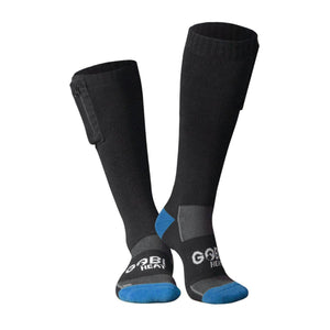 Pair of black Gobi Heat heated socks with blue toe and heel accents and side battery pocket