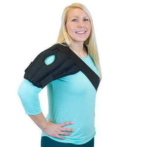 Woman wearing a black Polar Products shoulder ice wrap