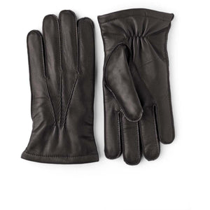Hestra black leather gloves with decorative stitching