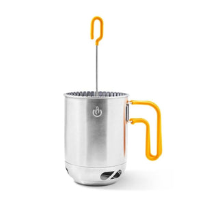 BioLite stainless steel coffee press with yellow handle and plunger