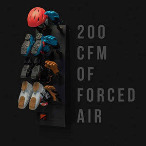 GearDryer wall mounted unit drying a helmet boots and gloves with 200 CFM of forced air text