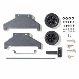 Flat lay of metal brackets wheels axle and hardware kit for assembly