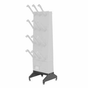 Vertical boot dryer rack with multiple angled nozzles on a dark grey base