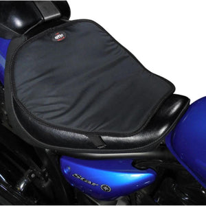 Gears Canada black motorcycle seat pad installed on a blue motorcycle