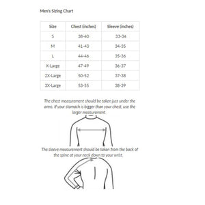 Gears Canada mens sizing chart with chest and sleeve measurements in inches