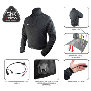 Gears Canada Zepto heated jacket features back view, breathable shell technology, battery cord, and glove hook up