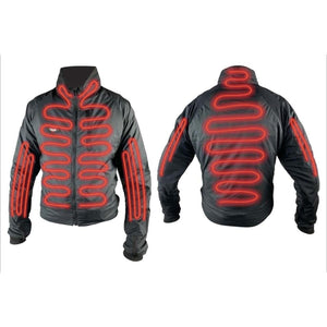 Gears Canada black heated jacket showing front and back views with red heating elements