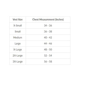 Gears Canada vest size chart showing chest measurements in inches for sizes extra small through 3X large