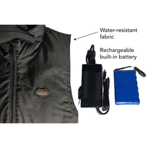 Gears Canada heated vest showing water resistant fabric and rechargeable battery with charger