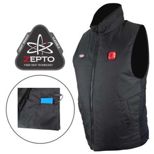 Gears Canada black heated vest with Zepto fiber heat technology logo and battery pack detail
