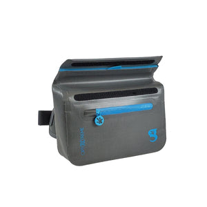 Geckobrands gray waterproof waist pack with blue zipper and velcro closure