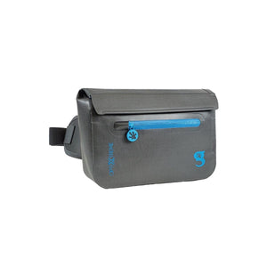 Geckobrands grey waterproof waist pack with blue zipper and OptiXtreme logo