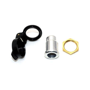 Gerbing panel mount power socket with black cap silver threaded housing and brass nut