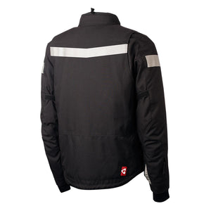Back view of black textile motorcycle jacket with reflective strips