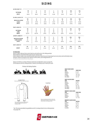 Gerbing sizing chart for apparel including pants jackets liners gloves and socks with measurement instructions