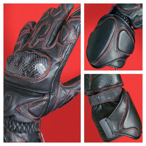 Gerbing black leather motorcycle gloves with red stitching and carbon fiber knuckle protection