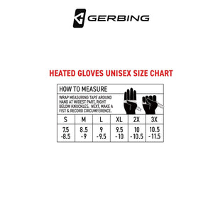 Gerbing unisex heated glove size chart with measuring instructions