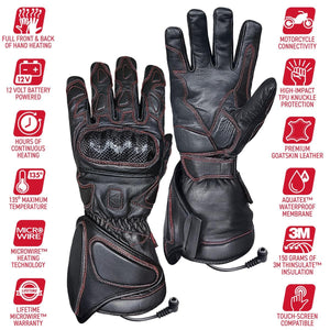 Gerbing heated motorcycle gloves with feature icons detailing heating technology and material specifications