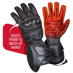 Gerbing heated motorcycle gloves showing internal heating elements on the palm and back of hand