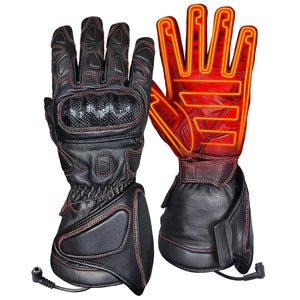 Gerbing black leather heated motorcycle gloves with red stitching and visible heating elements